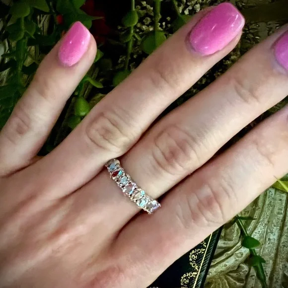 Beautiful Aurora Borealis pear cut unique band style ring 14K White Gold & 925 - Picture 10 of 13